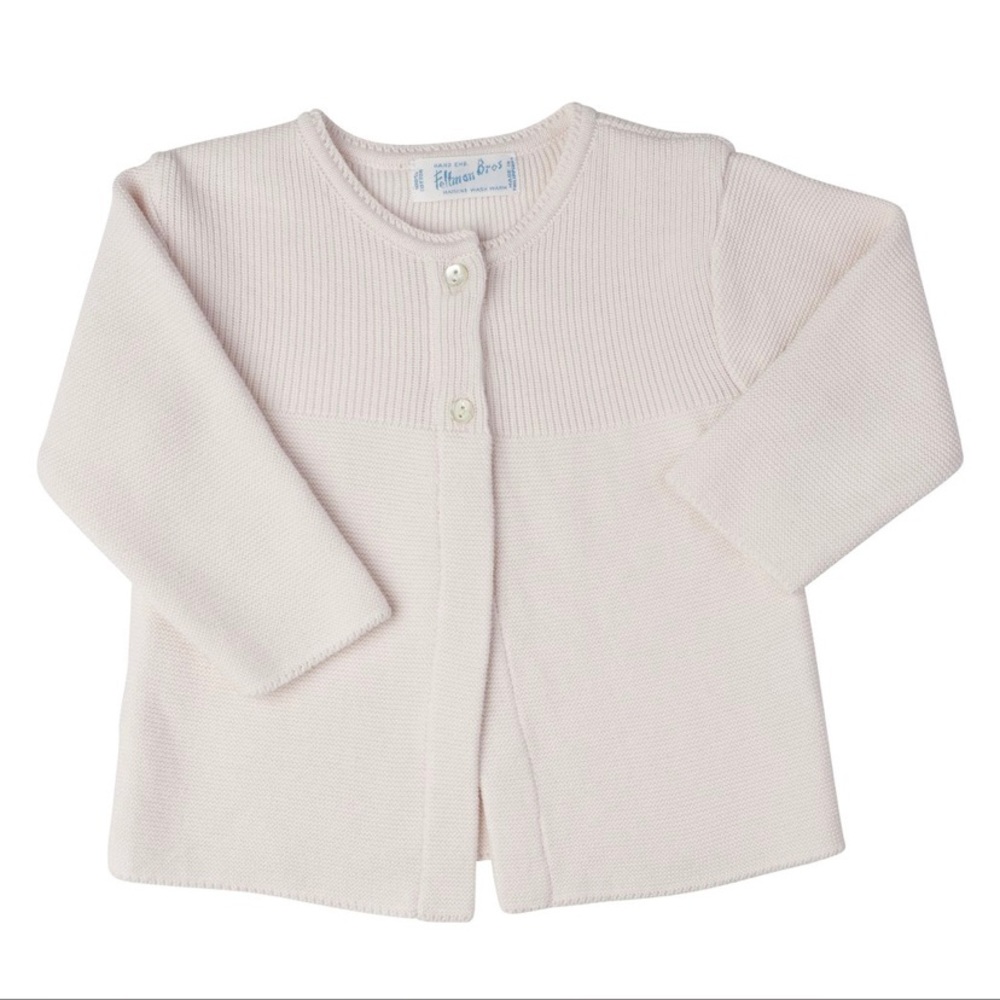 Two button open knit cardigan. Feltman Brothers.